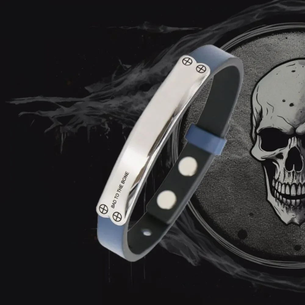 Men's Genuine BLUE Leather BAD TO THE BONE Adjustable Bracelet
